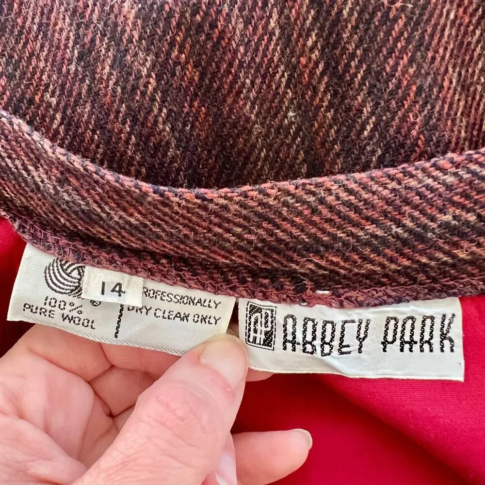 Vintage 90s Abbey Park Wool Midi Skirt Burgundy High Waist Made in USA 10
